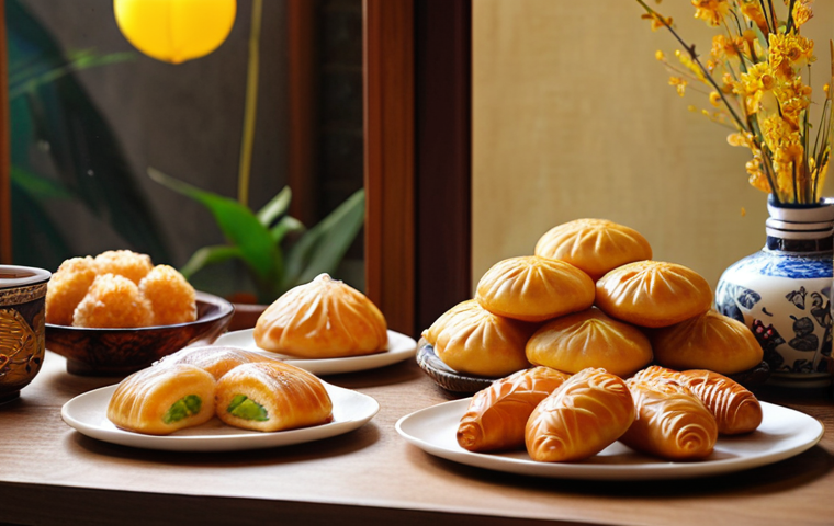 **

Sweet Korean treats like *bánh kẹo* and *yakgwa* displayed on a table. The scene should evoke warm childhood memories and family gatherings during Vietnamese holidays like Tết. Focus on the visual appeal of the pastries with golden hues.

**